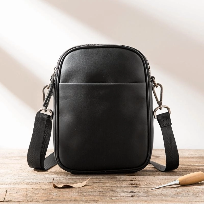 Black Leather Mens 8 inches Small Vertical Side Bag Black Messenger Bags Postman Bag Courier Bag for Men Functional Comfortability Flexible Organizer