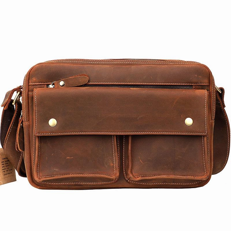 Black Leather Mens Casual 10" Courier Bags Messenger Bag Small Postman Bags For Men Outdoor Adventure Sleek Functionality
