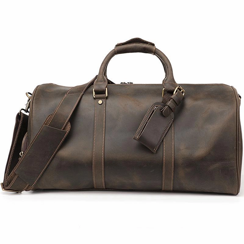 Black Leather Mens Casual Large Travel Bags Shoulder Weekender Bags Brown Duffle Bag For Men Waterproof Option Heavy Gear