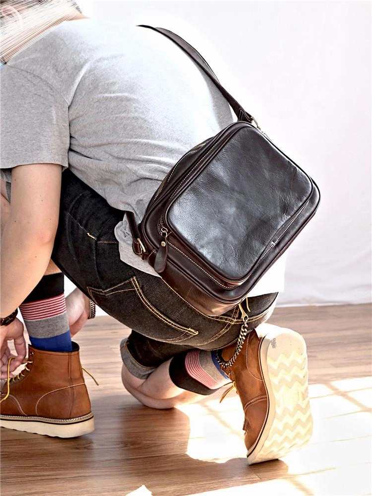 Compact Travel Black Leather Mens Casual Small Courier Bags Messenger Bag Dark Coffee Postman Bags For Men