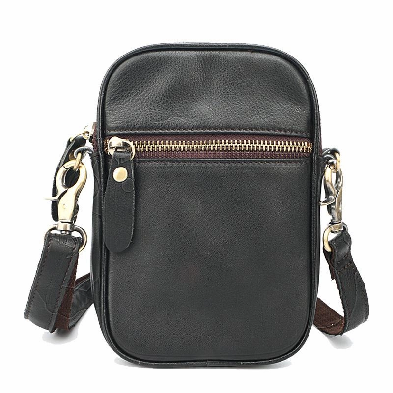 Black Leather Mens Mini Casual Side Bag Messenger Bags Brown Postman Bag For Men Lightweight Everyday Compact Carry