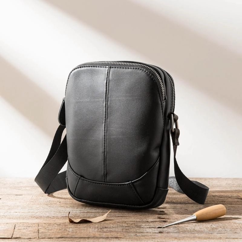 Black Leather Mens Small Vertical Messenger Bag Postman Bag Small Courier Bag for Men Practical Companion Easy Storage