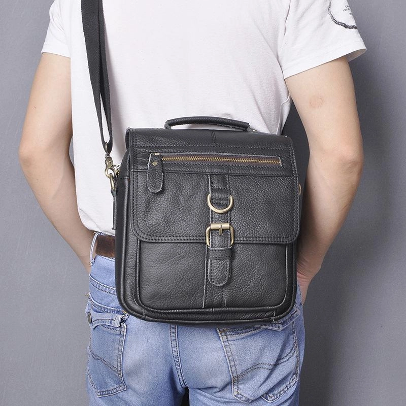 Black Leather Mens Small Vertical Messenger Bag Vertical Black Side Bags Small Handbag For Men Easy Access Everyday Reliability