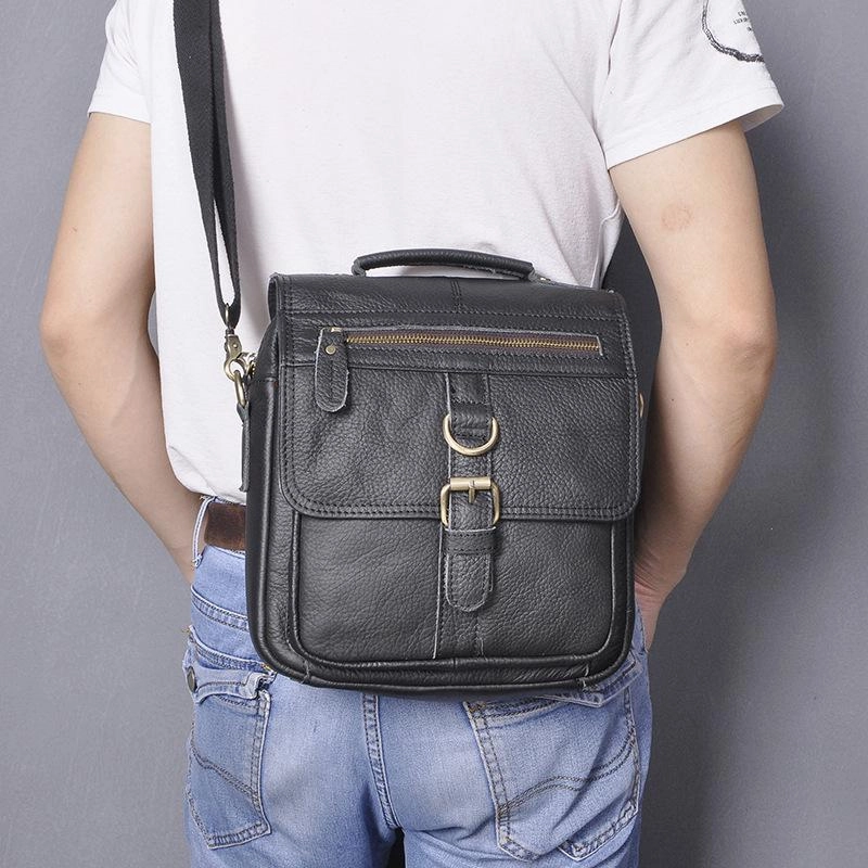 Black Leather Mens Small Vertical Messenger Bag Vertical Black Side Bags Small Handbag For Men Practical Design