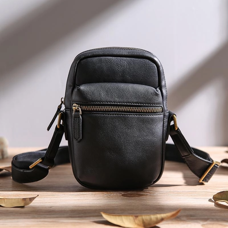 Black Leather MENS Small Vertical Side Bag Brown Messenger Bag Mobile Bag For Men Travel Ready Fashion Simplicity