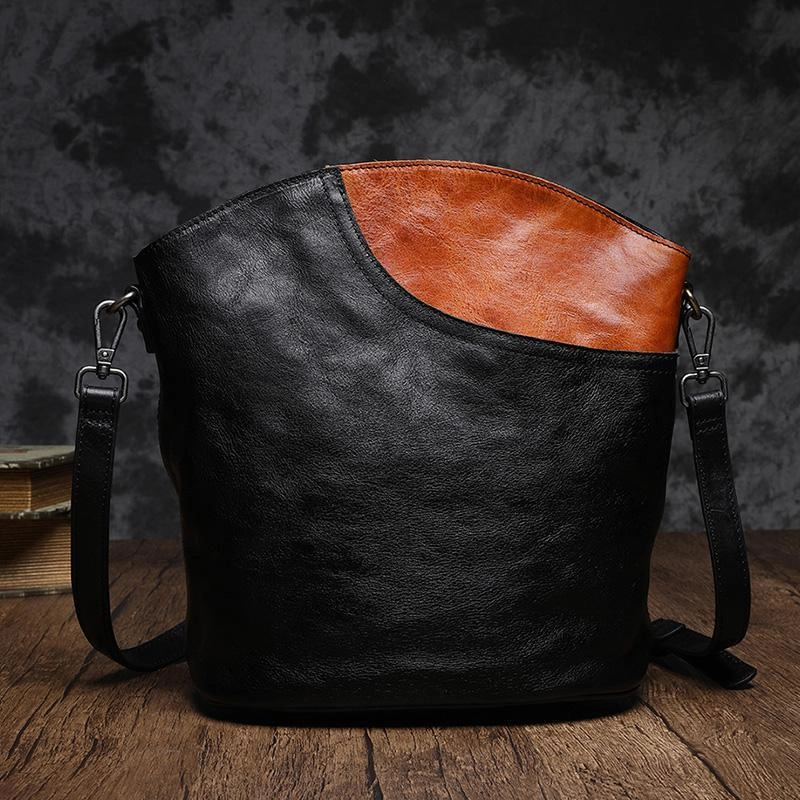 Elegant accessory All Season Use Black Leather Womens Shoulder Bucket Bag Cross Body Bucket Purse Black Barrel Bag
