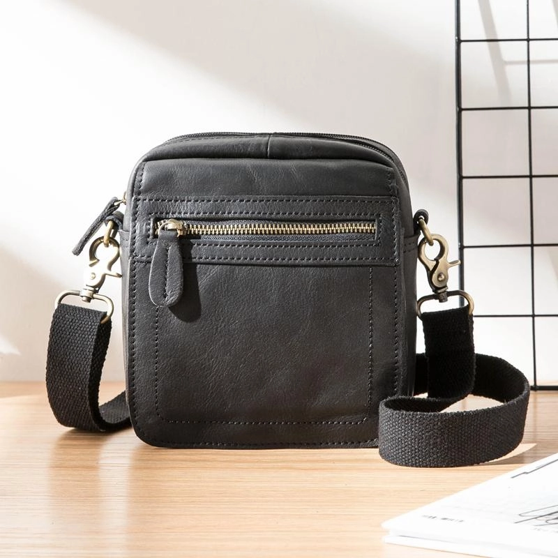 Smart Storage Functional Reliability Black Mini Leather Mens Phone Bag Black Small Postman Bag Messenger Bags Side Bag for Men
