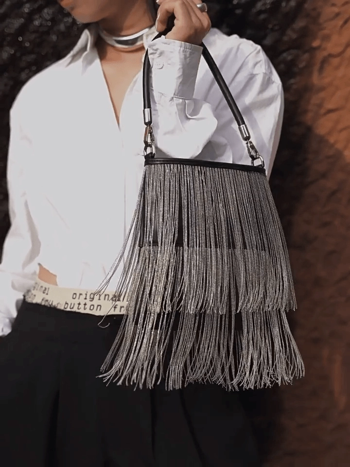 Black Silver Beaded Fringe Leather Shoulder Bag | Glamorous Statement Evening Bag with Metallic Tassels | Luxury Party Handbag Outdoor Fashion Outdoor Style
