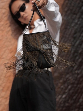 Black Silver Beaded Fringe Leather Shoulder Bag | Glamorous Statement Evening Bag with Metallic Tassels | Luxury Party Handbag Soft Design