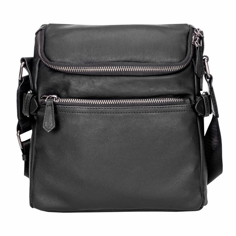 Functional Gear Black Soft Leather Mens 10 inches Vertical Postman Bag Black Messenger Bags Side Bag for Men