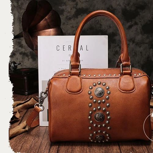 Smart Utility Black Vintage Ladies Leather Rivet Boston Handbag Purse Brown Shoulder Handbag for Women