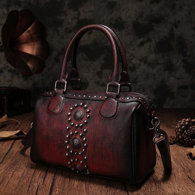 Black Vintage Ladies Leather Rivet Boston Handbag Purse Brown Shoulder Handbag for Women Personalized carry piece