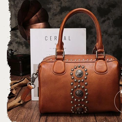 Trendy Structure Black Vintage Ladies Leather Rivet Boston Handbag Purse Brown Shoulder Handbag for Women