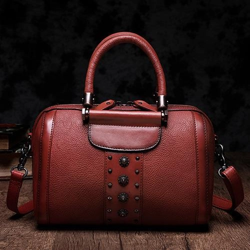 Black Vintage Womens Leather Boston Handbag Purse Brown Side Bag Boston Purse for Ladies inner pocket Color Accent