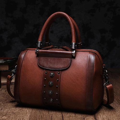 Minimal Aesthetic Black Vintage Womens Leather Boston Handbag Purse Brown Side Bag Boston Purse for Ladies