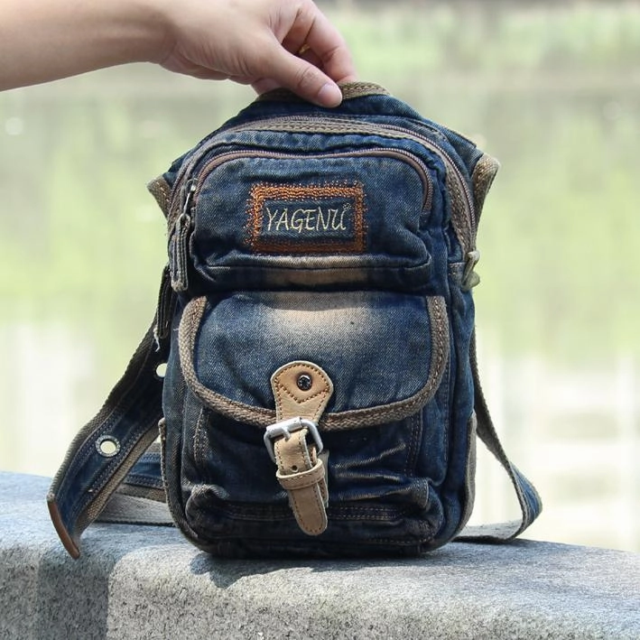 Minimalist Look Blue Denim Mens Casual Small Side Bag Vertical Messenger Bags Jean Courier Bag For Men