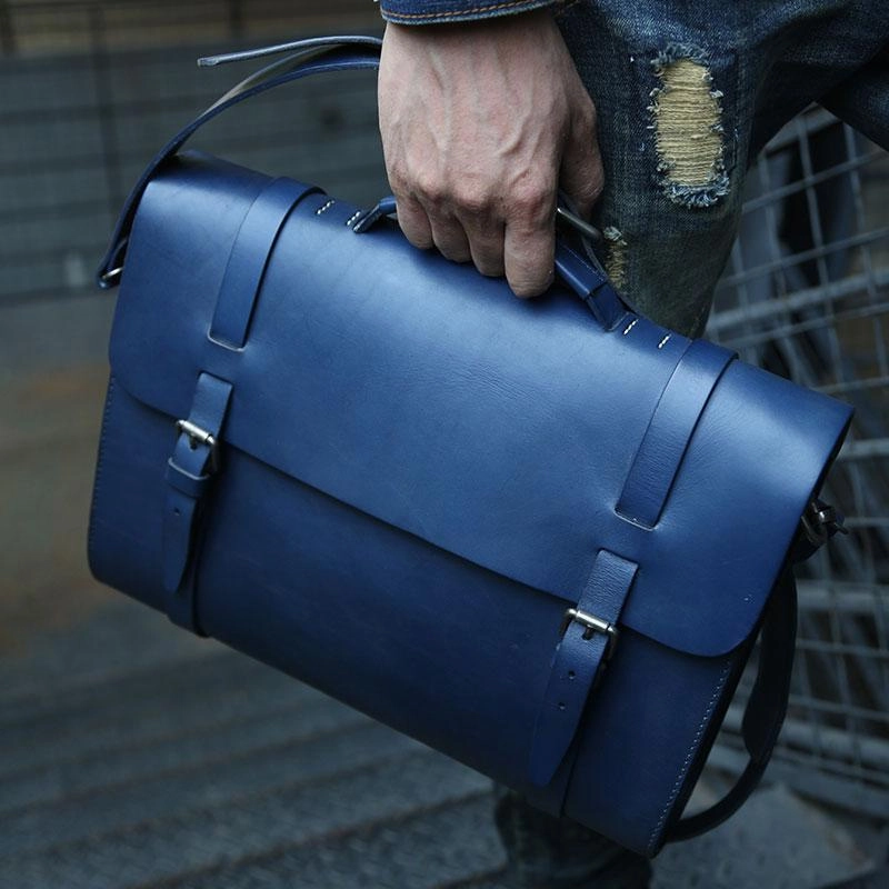 Fashion Travel Comfort Journey Blue Leather Mens Briefcase Messenger Bag Handbag Shoulder Bag for men
