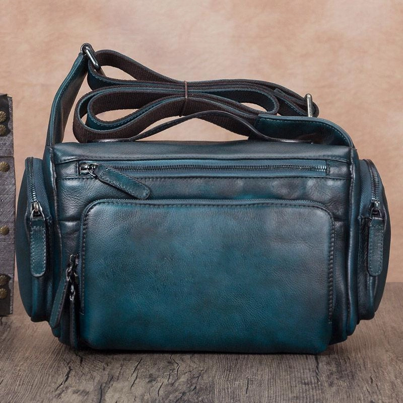 Fashion Utility Blue VIntage Mens Leather Small Messenger Bag Tan SIde Bag Brown Courier Bag for Men