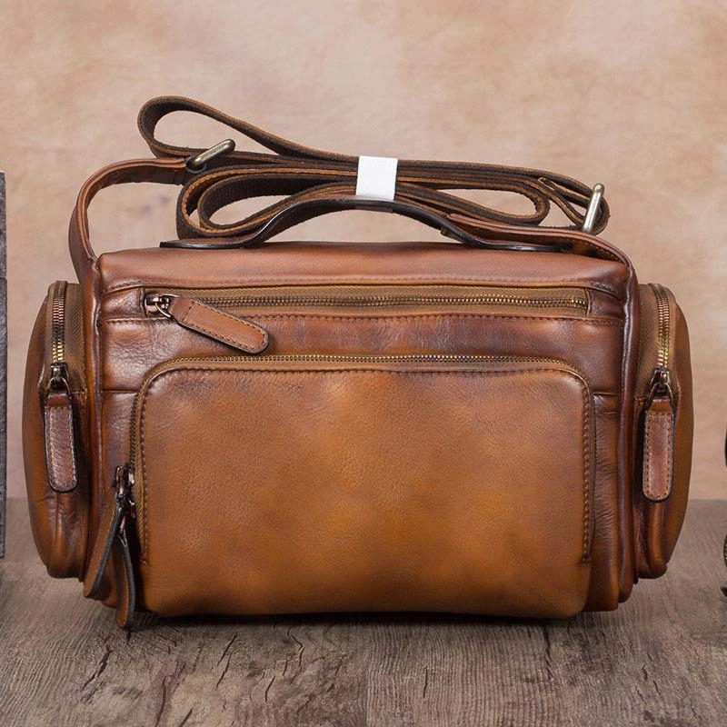 Functional Organizer Blue VIntage Mens Leather Small Messenger Bag Tan SIde Bag Brown Courier Bag for Men