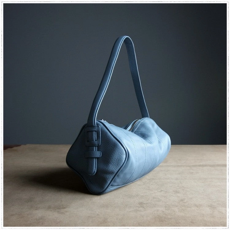 Practical Organizer Stylish Accessory Blue Womens Leather Barrel Shoulder Handbag Womens Fashion Barrel Blue Handbag Purse Blue Handbag Shoulder Purse for Ladies