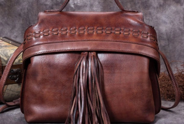 Essential Accessory Genuine Leather Handbag Vintage Tassel Crossbody Bag Geometric Shoulder Bag Purse For Women