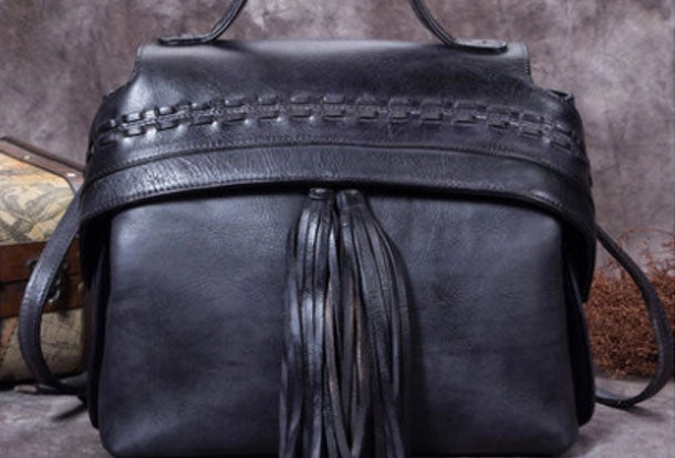 Classic Craft chic aesthetic Genuine Leather Handbag Vintage Tassel Crossbody Bag Geometric Shoulder Bag Purse For Women