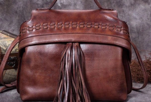 Soft Texture Street Ready Genuine Leather Handbag Vintage Tassel Crossbody Bag Geometric Shoulder Bag Purse For Women