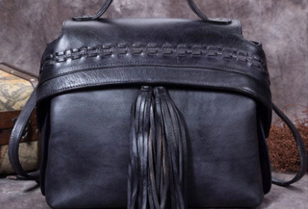 Durable Craft Genuine Leather Handbag Vintage Tassel Crossbody Bag Geometric Shoulder Bag Purse For Women