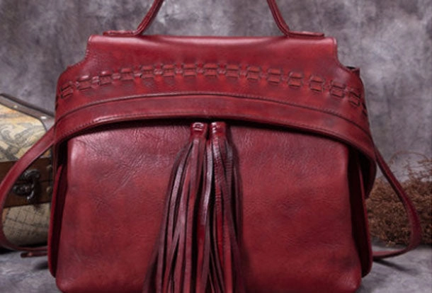 Genuine Leather Handbag Vintage Tassel Crossbody Bag Geometric Shoulder Bag Purse For Women Daily Utility Street Style