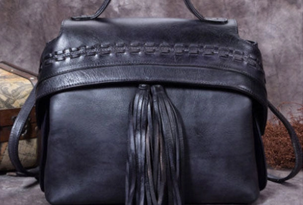 Lightweight Function Travel Friendly Genuine Leather Handbag Vintage Tassel Crossbody Bag Geometric Shoulder Bag Purse For Women