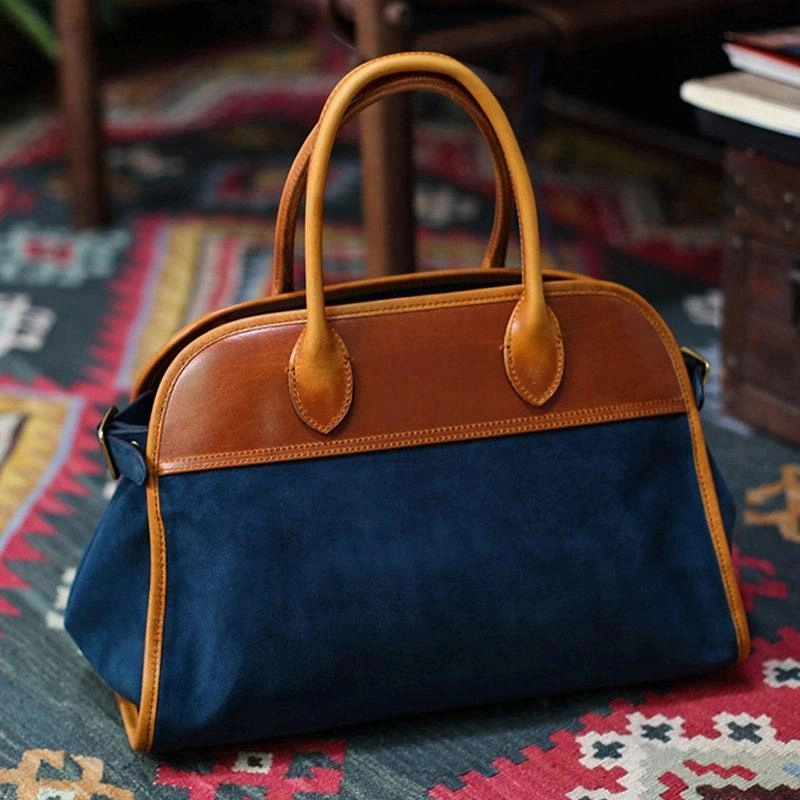 Camping Night Versatile and Functional Handcrafted Italian Cowhide Leather Handbag, Velvety Soft Suede Leather Domed Satchel,  Leather Laptop Bag, Weekend Bag, Christmas Gift