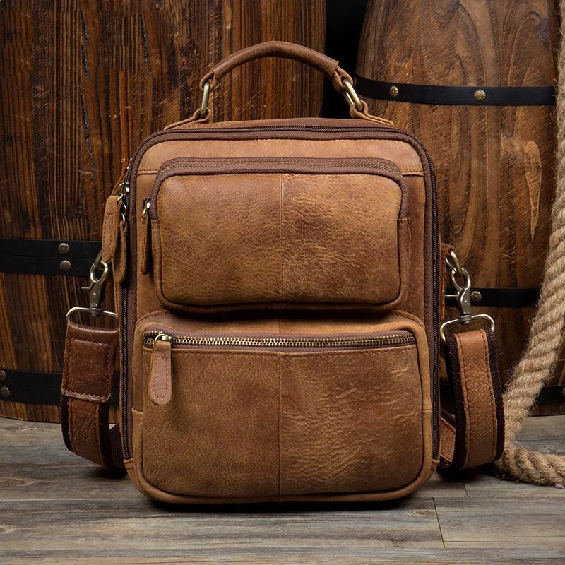 Simple Functionality Brown Casual Leather 10 inches Vertical Side Bags Messenger Bag Courier Bag for Men