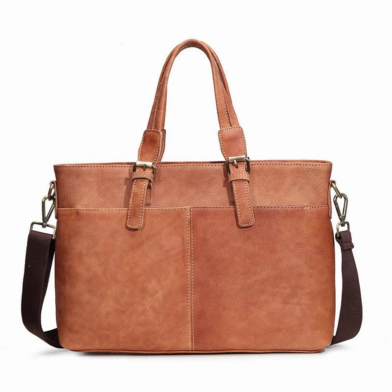 Brown Cool Leather 14 inches Light Brown Briefcase Messenger Bag Handbag Shoulder Bag For Men Fashion Simplicity