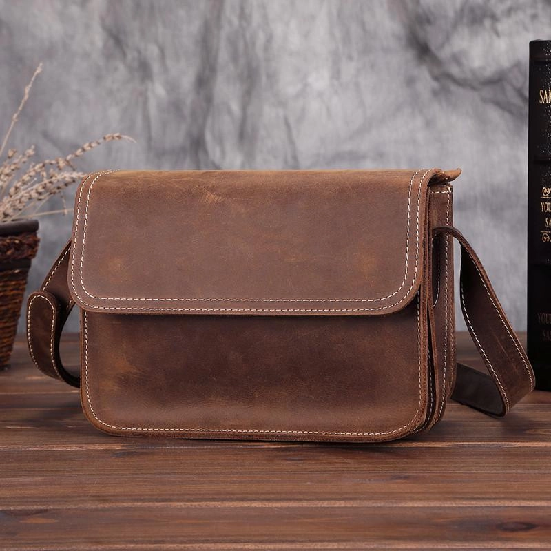 Brown Cool Leather Small Messenger Bag Satchel Postman Bag Coffee Side Bag Courier Bag For Men Travel Performance