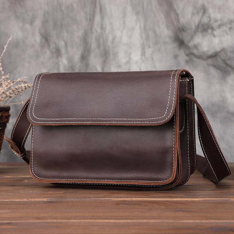 Brown Cool Leather Small Messenger Bag Satchel Postman Bag Coffee Side Bag Courier Bag For Men Minimal Travel Modern Lifestyle
