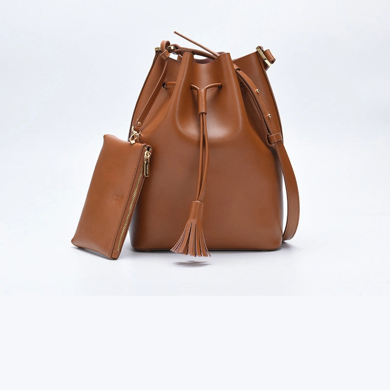 Brown Genuine Leather bucket bag shoulder bag for women leather Barrel crossbody bag Daily Companion Modern Lifestyle