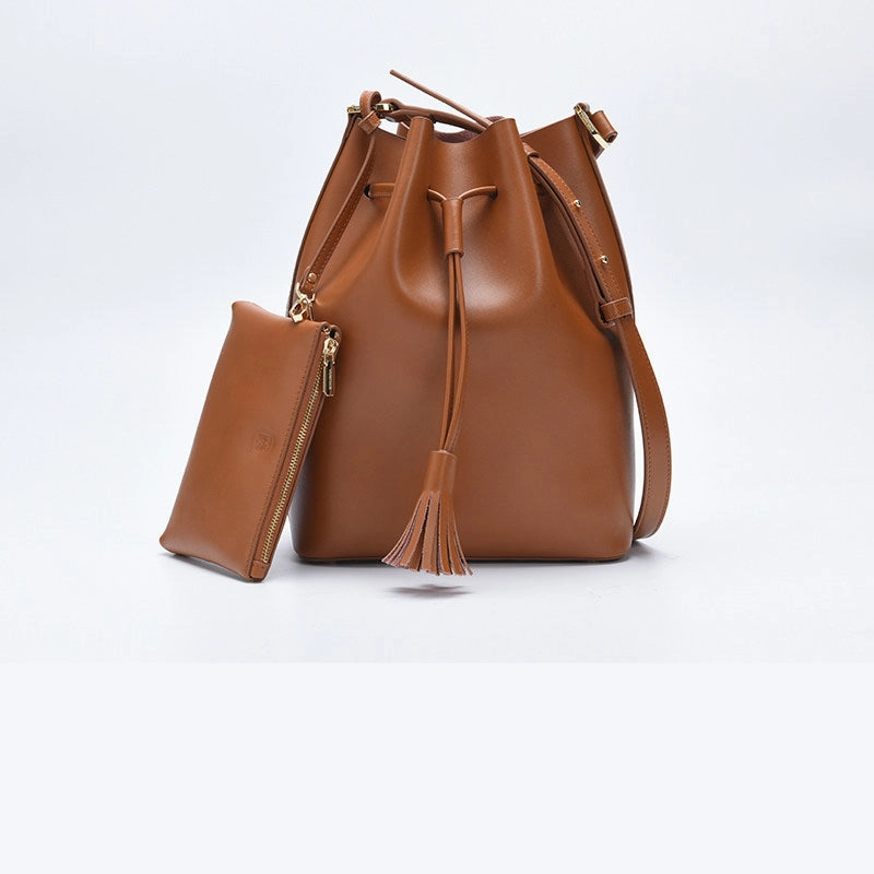 Stylish Option Everyday Outfit Brown Genuine Leather bucket bag shoulder bag for women leather Barrel crossbody bag