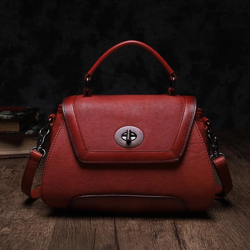 Functional Chic Brown Geometric Vintage Womens Handbag Leather Black Shoulder Handbag Purse