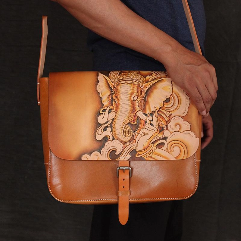 Timeless Function Durable Utility Brown Handmade Ganesha Tooled Leather Courier Bag Messenger Bag Side Bag For Men