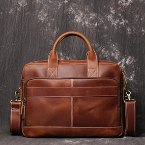 Fine Lining Brown Leather Men 14 inches Vintage Briefcase Handbag Dark Coffee Laptop Handbag Side Bag For Men