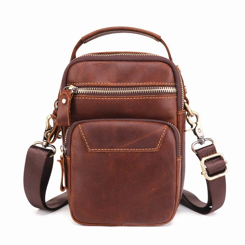 Classic Companion Brown Leather Men's Vertical Small Courier Bag Belt Pouch Mini Messenger Bag Belt Bag For Men