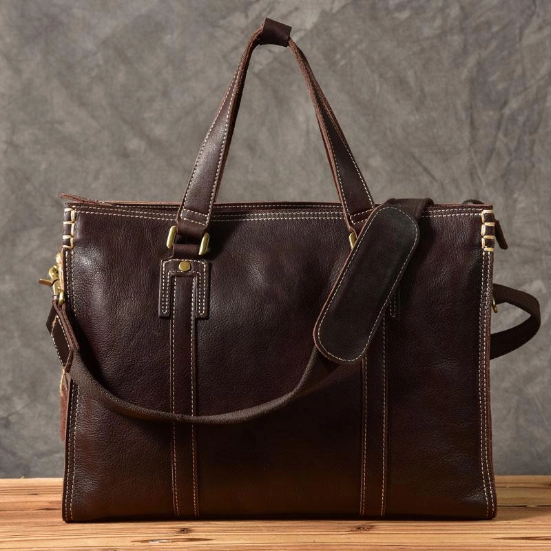 Brown Leather Mens 14" Laptop Briefcase Business Messenger Bag Brown Large Handbag For Men Secure Storage