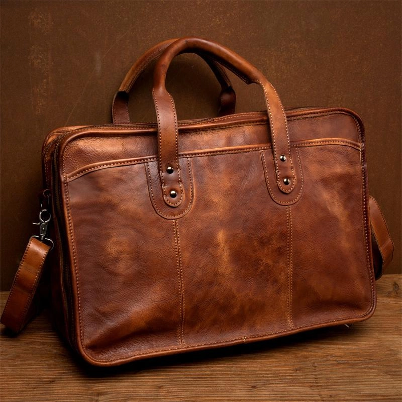 Brown Leather Mens 15 inches Large Briefcase Laptop Side Bag Black Travel Handbag Work Bag for Men Scratch Resistant