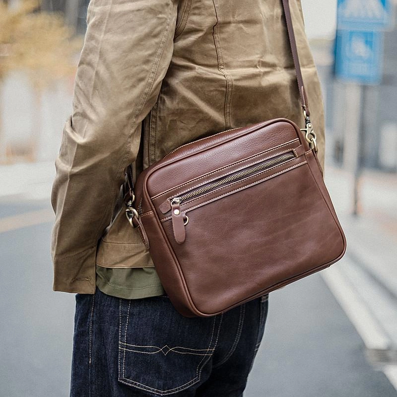 Functional Organizer Travel Friendly Brown Leather Mens 8 inches Courier Bag Messenger Bag Small Postman Bag For Men