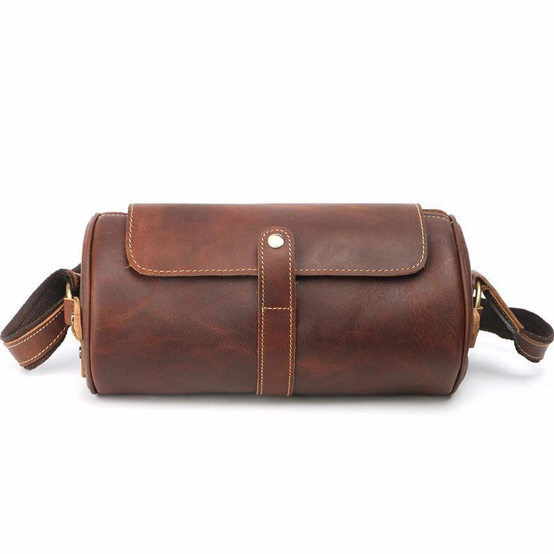 Classic Functionality Brown Leather Mens Casual Bucket Shoulder Bag Barrel Messenger Bags Postman Bag For Men