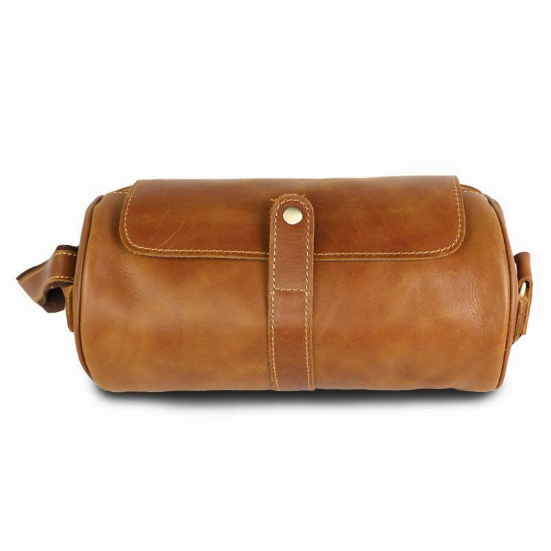 Brown Leather Mens Casual Bucket Shoulder Bag Barrel Messenger Bags Postman Bag For Men Casual Comfort Stylish Detail