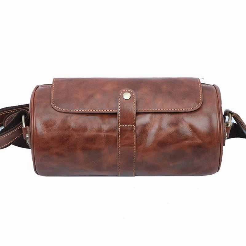 Weekend Style Brown Leather Mens Casual Bucket Shoulder Bag Barrel Messenger Bags Postman Bag For Men