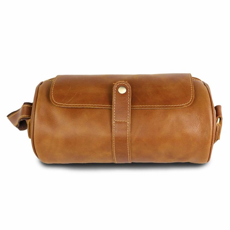 Brown Leather Mens Casual Bucket Shoulder Bag Barrel Messenger Bags Postman Bag For Men Durable Utility Daily Storage