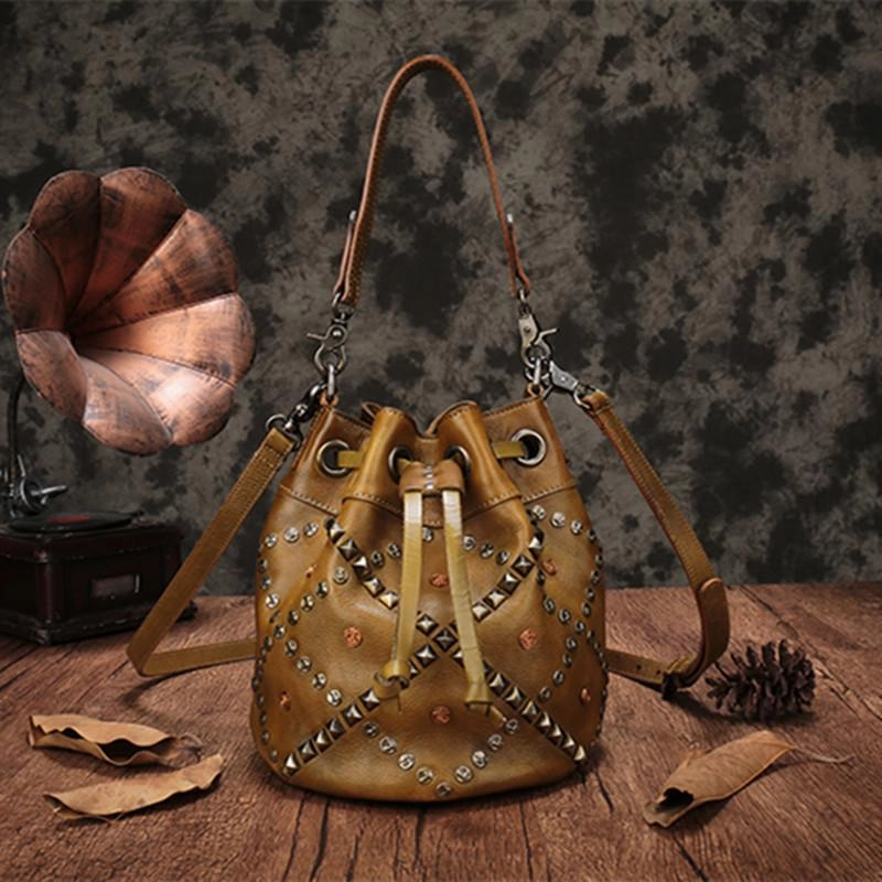 Brown Leather Womens Bucket Handbag Shoulder Bag Studded Western Leather Shoulder Barrel Bag Purse Luxury Craftwork