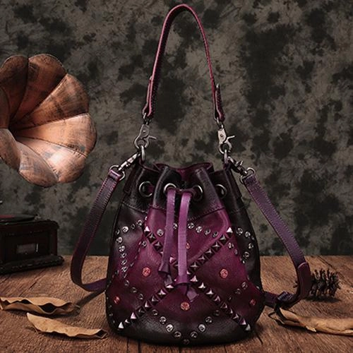 Modern Detail Smart commuting purse Brown Leather Womens Bucket Handbag Shoulder Bag Studded Western Leather Shoulder Barrel Bag Purse